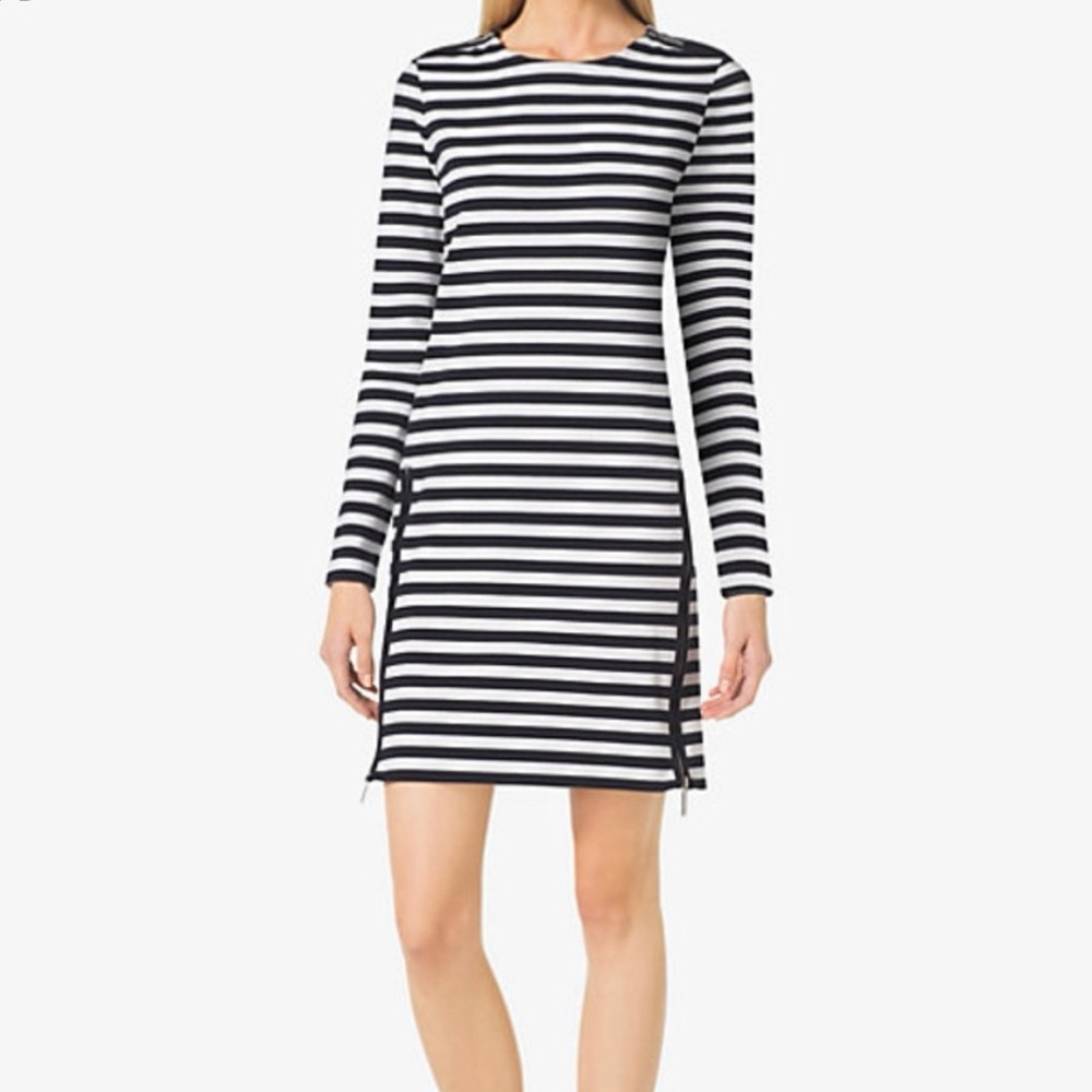 Michael Kors Black and White Long Sleeve Sheath Dress